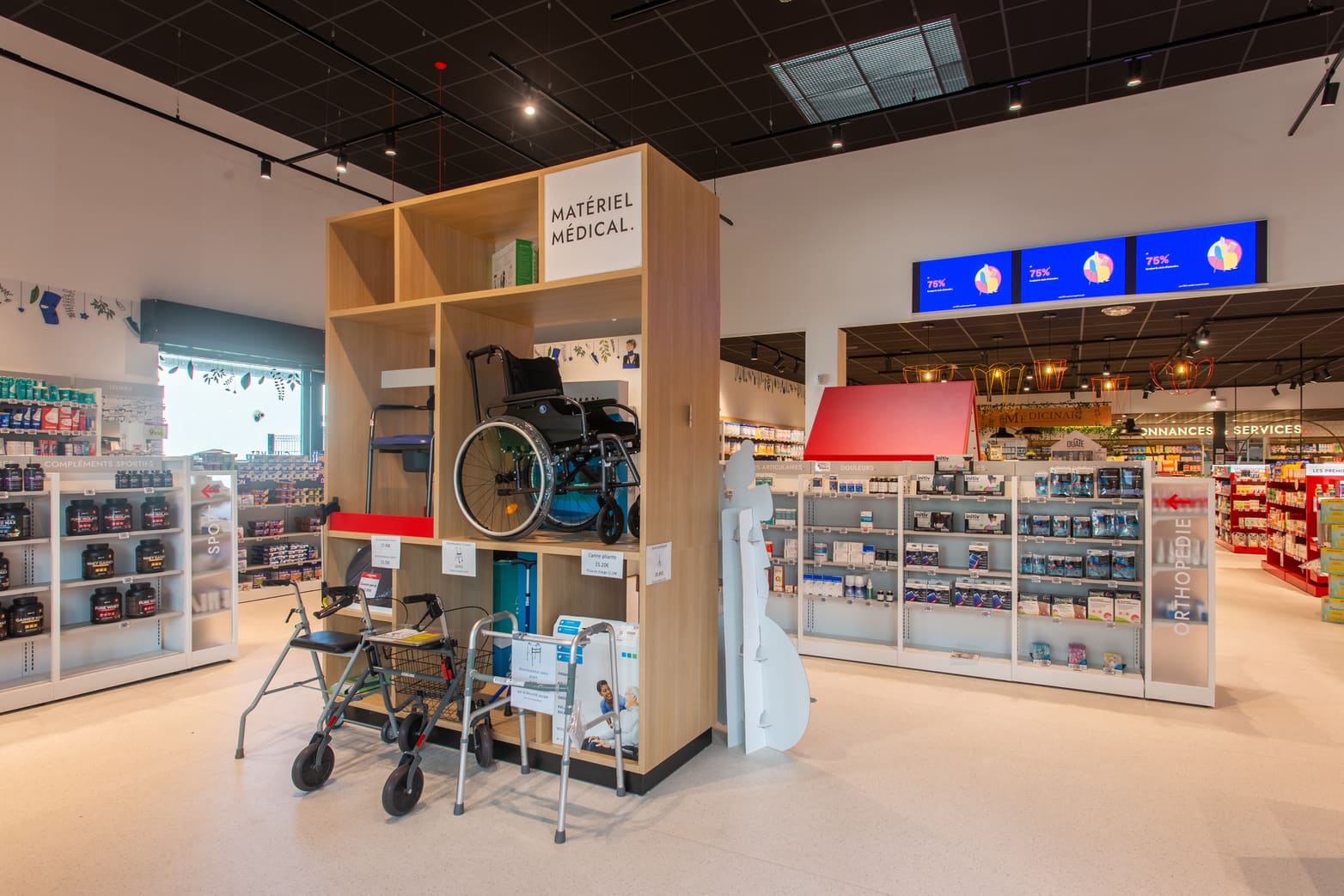 Le meuble Matériel médical vu depuis l'allée centrale d'une officine du réseau