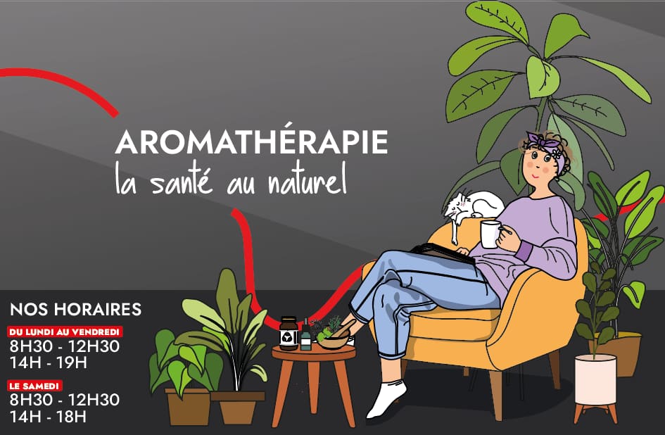 Maquette de vitrophanie « Aromathérapie, la santé au naturel », avec les horaires de l'officine