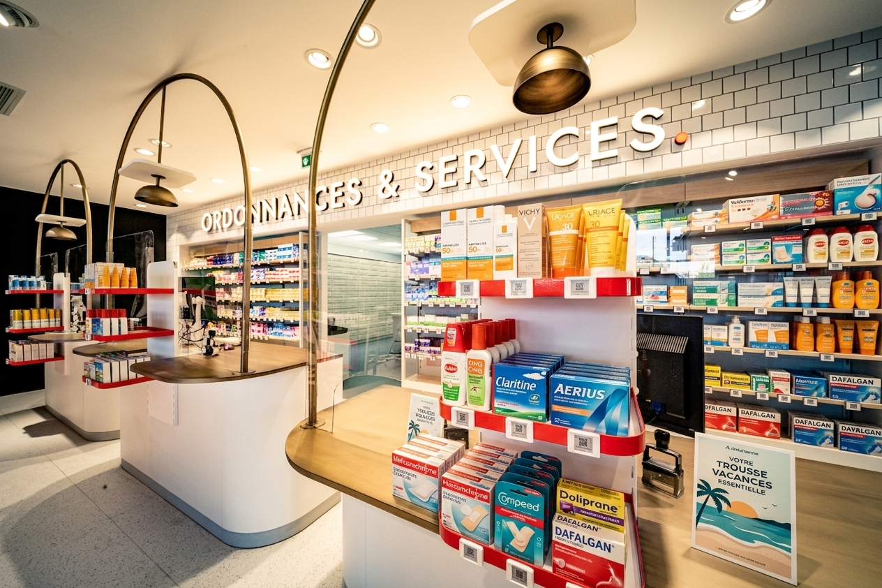 L'intérieur d'une pharmacie moderne et bien éclairée, avec un grand panneau en lettres capitales indiquant 'ORDONNANCES & SERVICES' au-dessus des étagères. Au premier plan, un présentoir de comptoir rouge vif expose des boîtes de produits français courants comme Compeed, Doliprane, Dafalgan, Claritine et Aerius, avec un petit panneau publicitaire pour 'VOTRE TROUSSE VACANCES ESSENTIELLE'. L'éclairage est fourni par d'élégants luminaires suspendus en laiton. Les étagères en arrière-plan sont remplies de produits de soin de marques comme La Roche-Posay, Uriage et A-Derma.