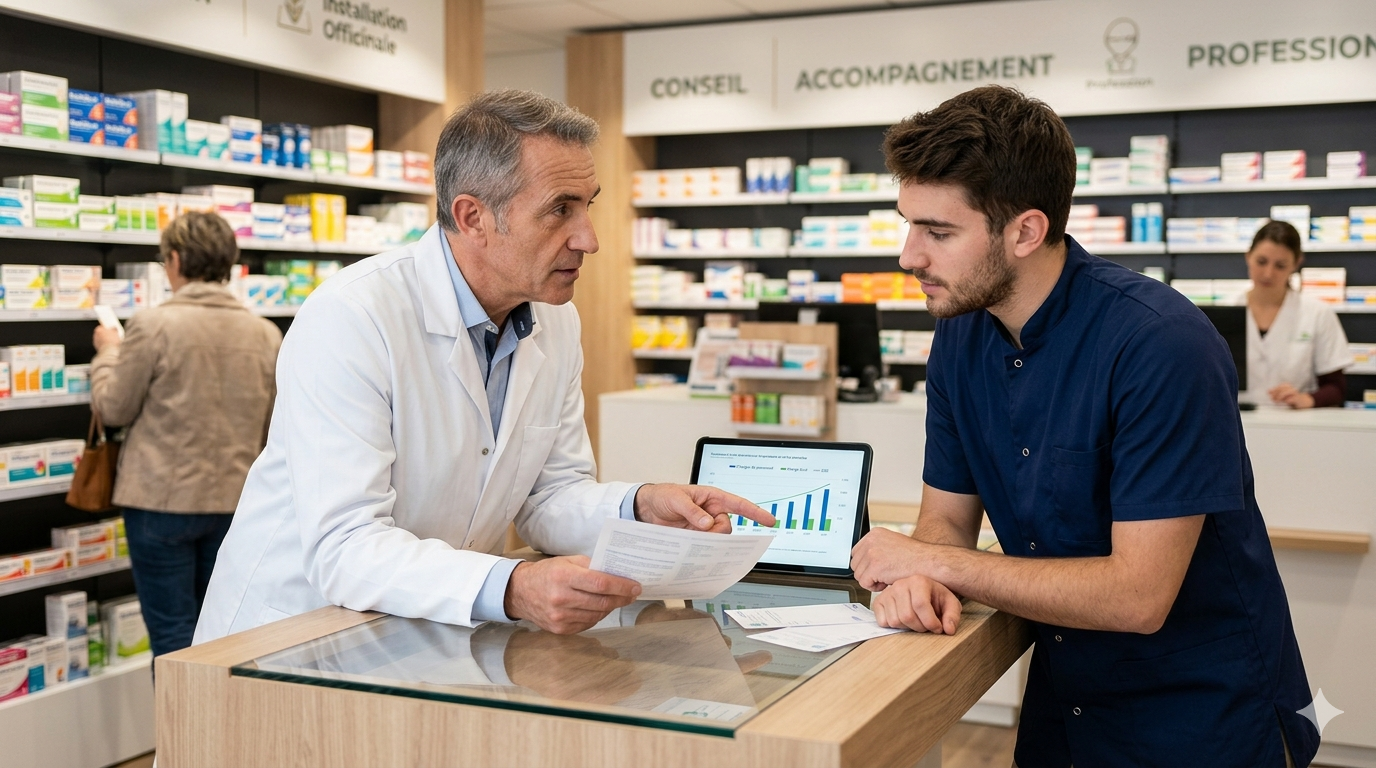 Deux professionnels de la santé, un pharmacien et un adjoint, discutent de données de gestion officinale et de conseils derrière un comptoir de pharmacie moderne.
