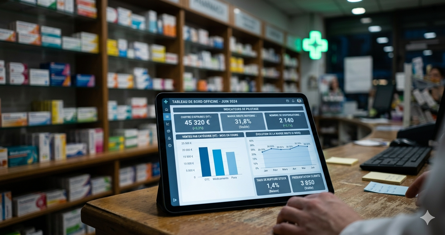 Écran affichant des données financières et un tableau de bord analytique sur le comptoir d'une pharmacie.