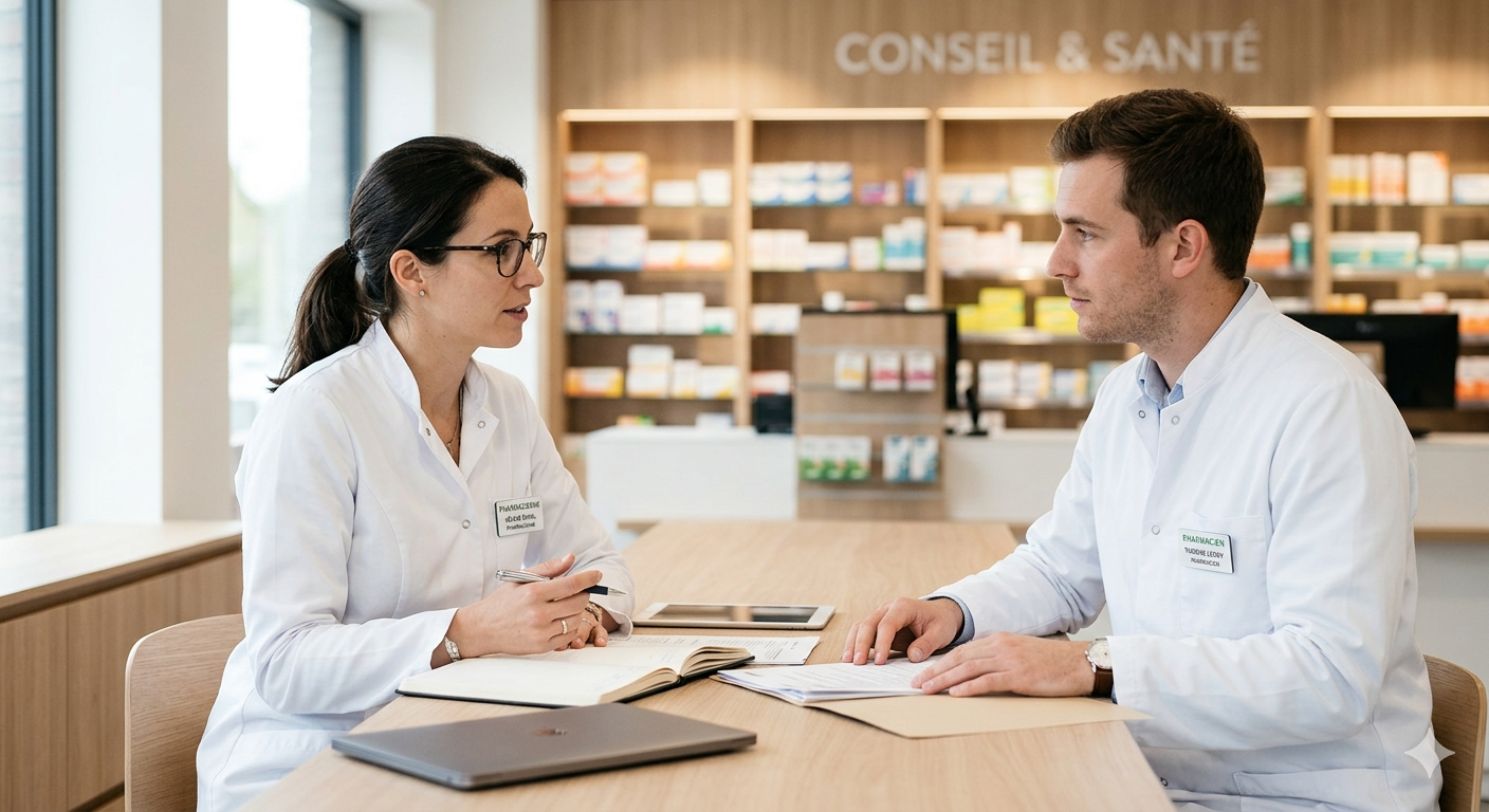 Entretien professionnel et échange structuré entre une pharmacienne et son collaborateur dans le bureau d'une pharmacie.