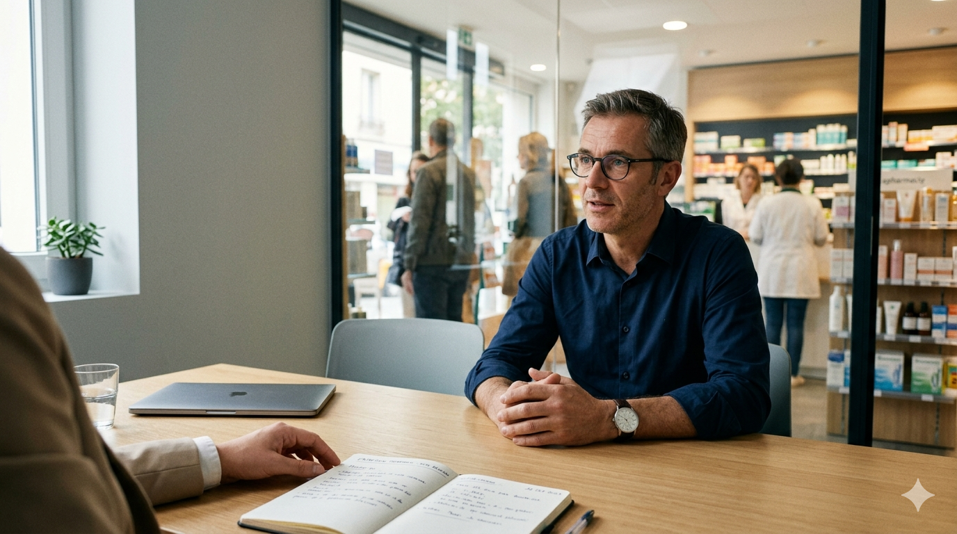 Photographie d'un entretien de recrutement en pharmacie vue depuis l'épaule du candidat. Un titulaire d'officine attentif écoute, assis à une table en bois clair dans un bureau vitré sobre, avec l'espace de vente flouté en arrière-plan.