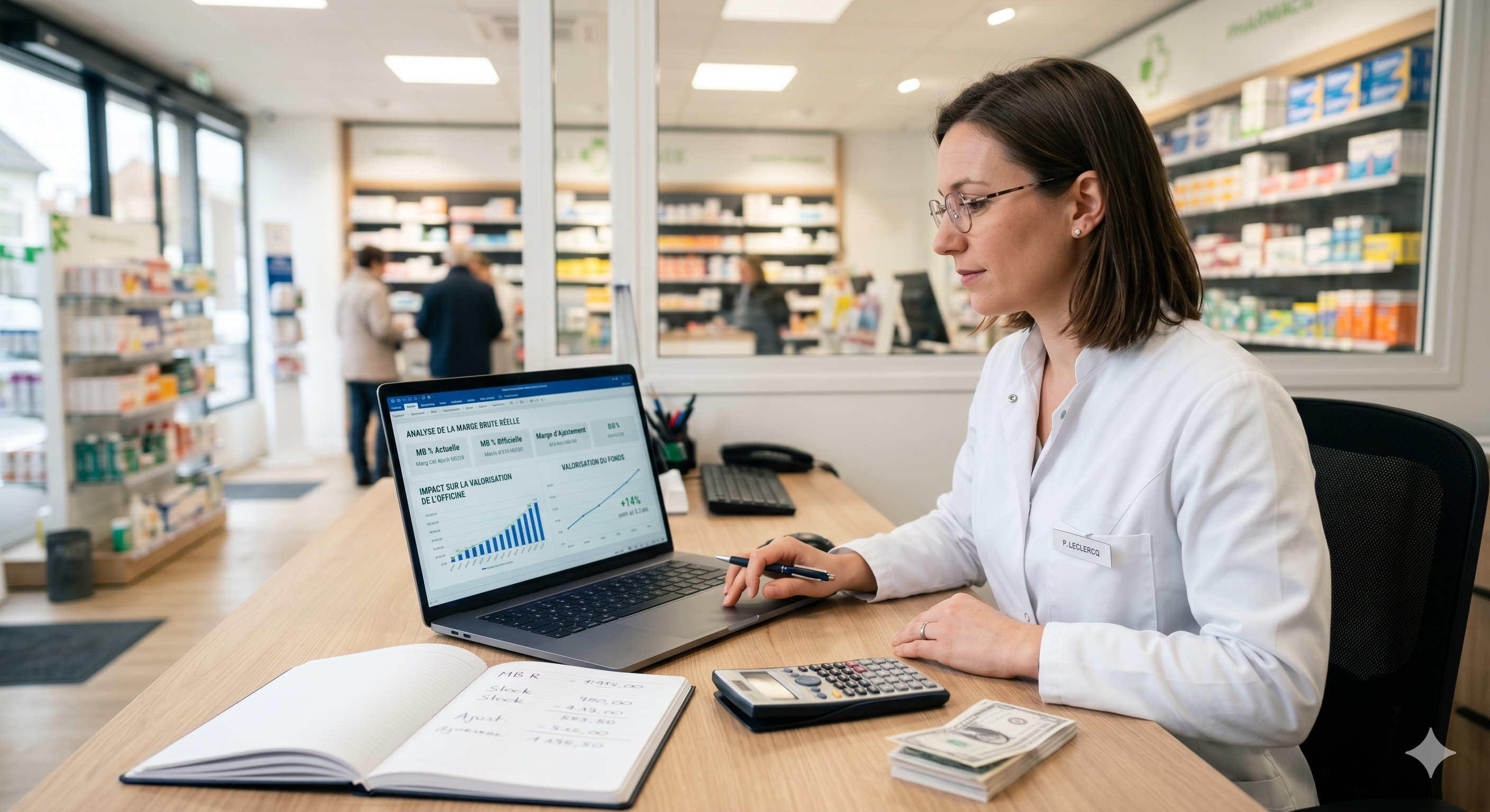 Pharmacienne en officine analysant le calcul de la marge brute réelle sur son ordinateur pour optimiser la valorisation de sa pharmacie.