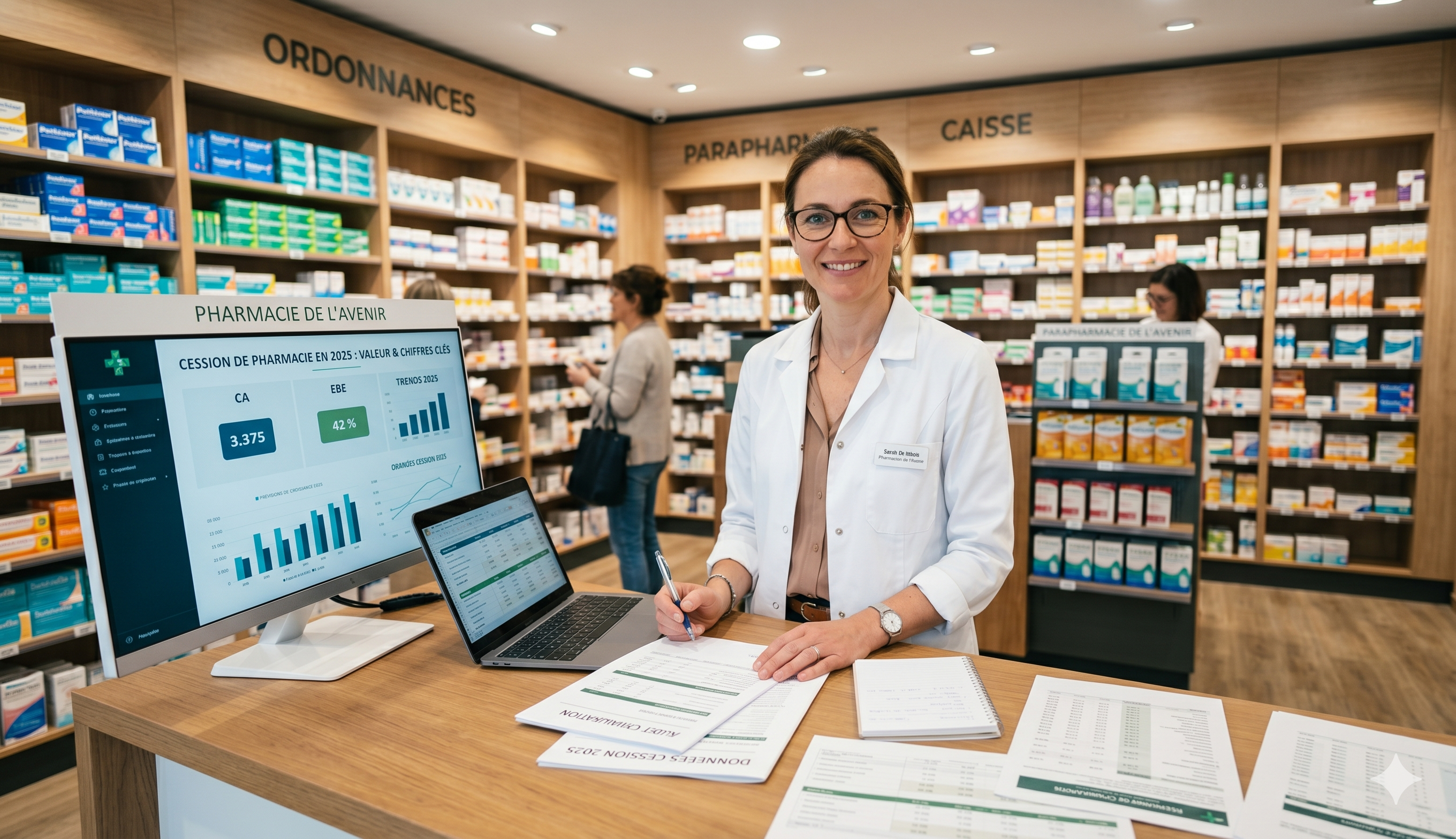 Pharmacienne dans son officine analysant des graphiques de valorisation et des données financières pour une cession de pharmacie en 2025.