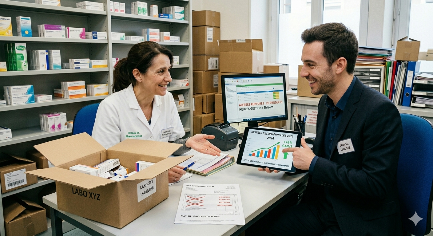 Rendez-vous commercial en pharmacie : une pharmacienne et un délégué de laboratoire discutent du taux de service face à une livraison incomplète et des ruptures de stock.
