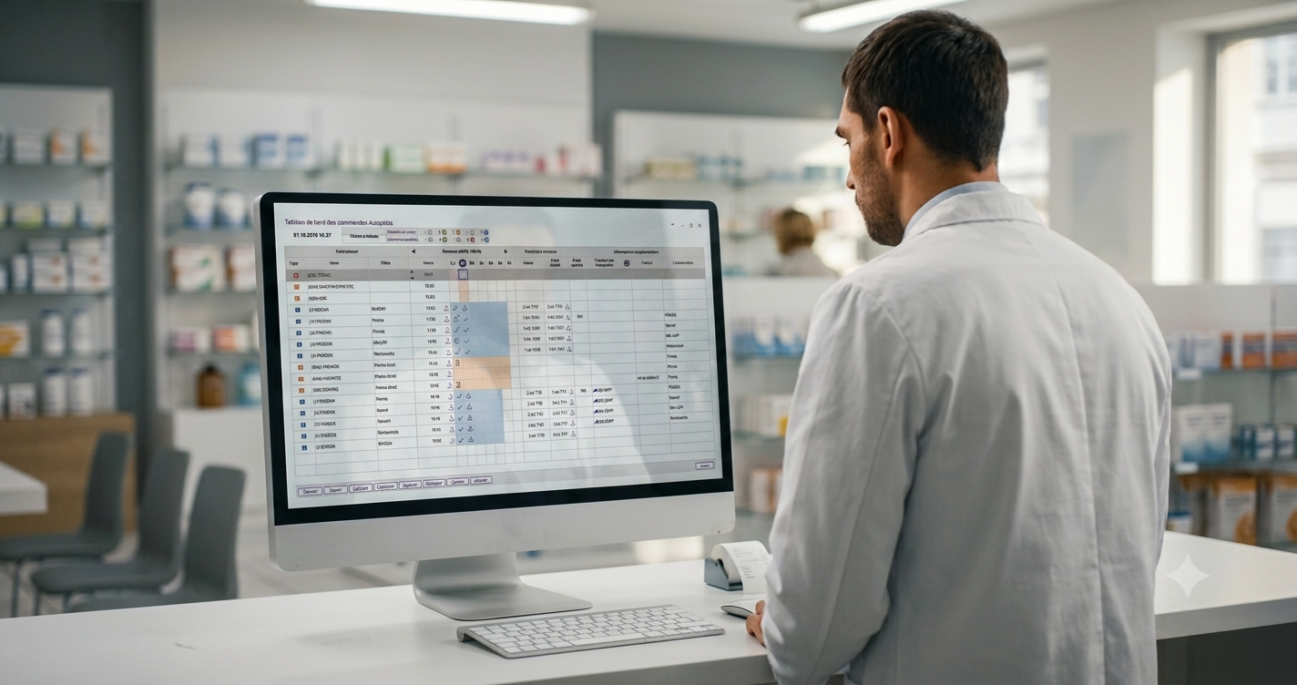 Vue de trois-quarts arrière d'un pharmacien en blouse blanche concentré sur un moniteur affichant un tableau de bord informatique complexe. L'arrière-plan présente l'intérieur lumineux et épuré d'une pharmacie contemporaine avec des étagères de produits en flou artistique.
