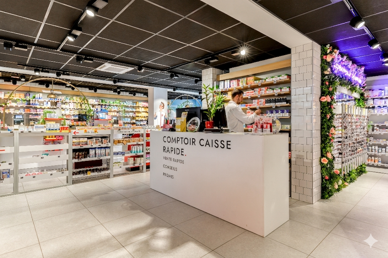 Photographie de l'intérieur d'une pharmacie moderne et lumineuse. Un pharmacien en blouse blanche travaille de profil derrière un comptoir blanc marqué 