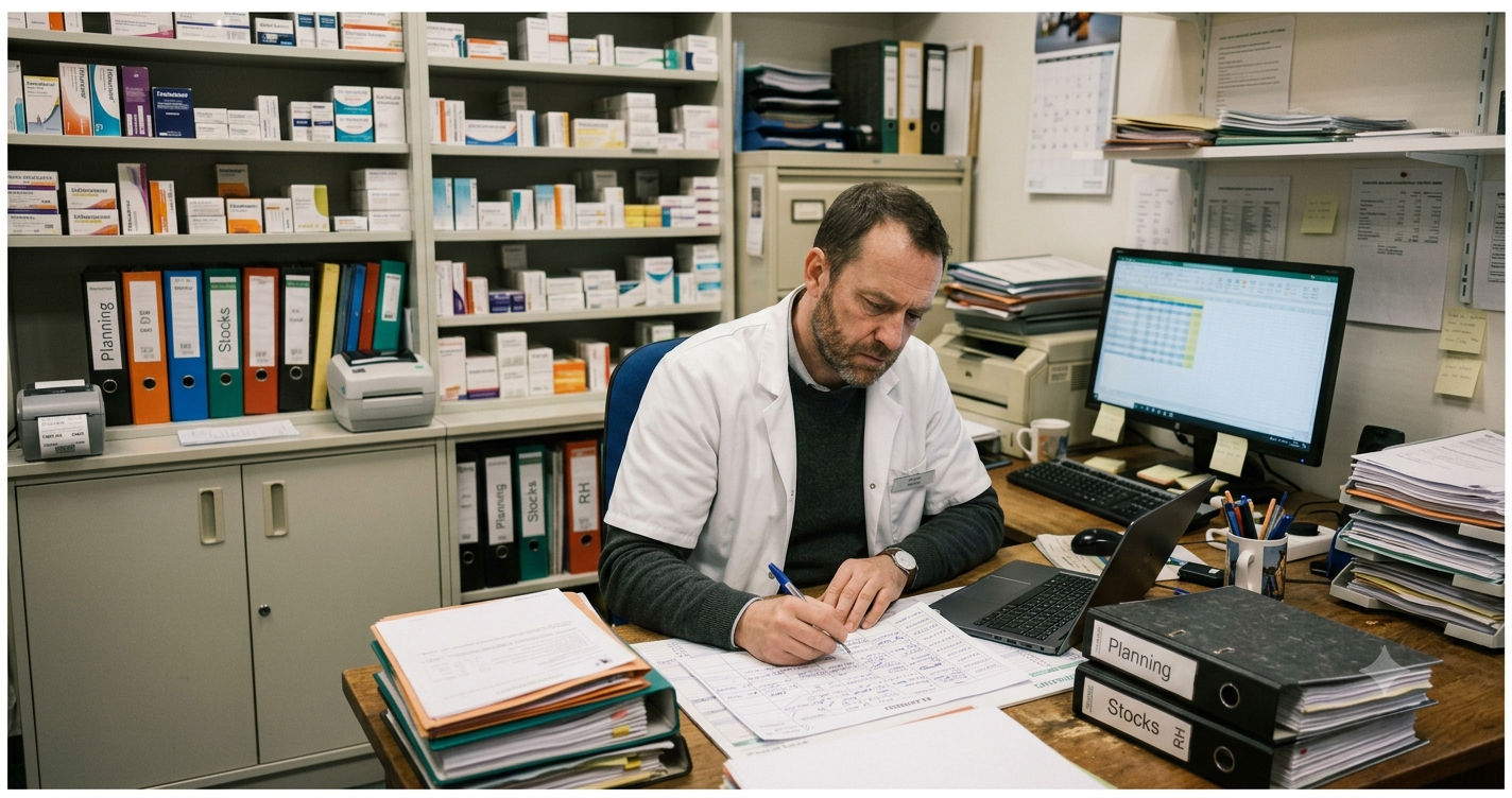 Un pharmacien barbu en blouse blanche écrit dans un grand planificateur papier à son bureau administratif. Derrière lui, des étagères de médicaments et des classeurs de gestion étiquetés 'Planning', 'Stocks', 'RH'.