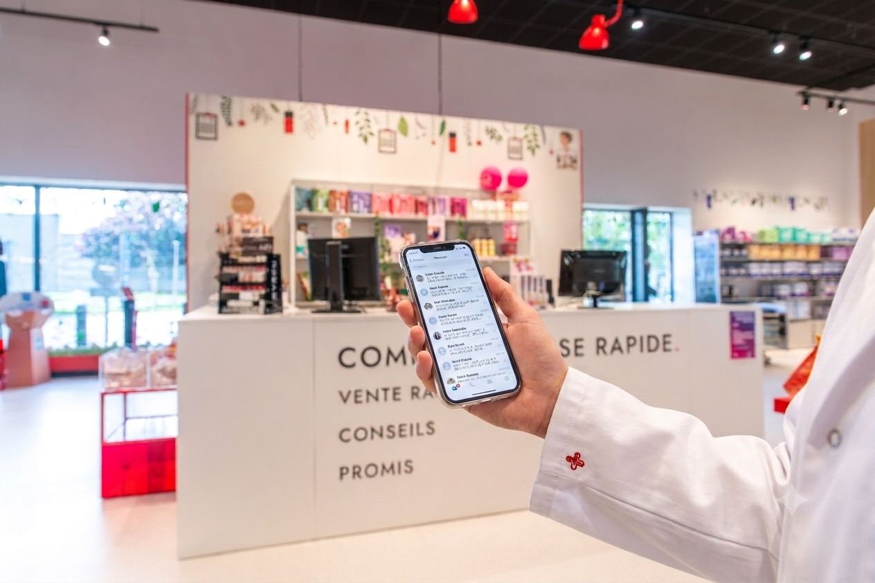 Photographie lumineuse dans une pharmacie moderne. Au premier plan, une main en blouse blanche (avec un petit logo rouge brodé) tient un smartphone affichant une liste de messages flous et illisibles. En arrière-plan légèrement estompé, on distingue un comptoir blanc épuré portant l'inscription « COMPTOIR CAISSE RAPIDE », des écrans d'ordinateur et des étagères de parapharmacie bien ordonnées. L'ambiance est calme, professionnelle et sans aucun patient.