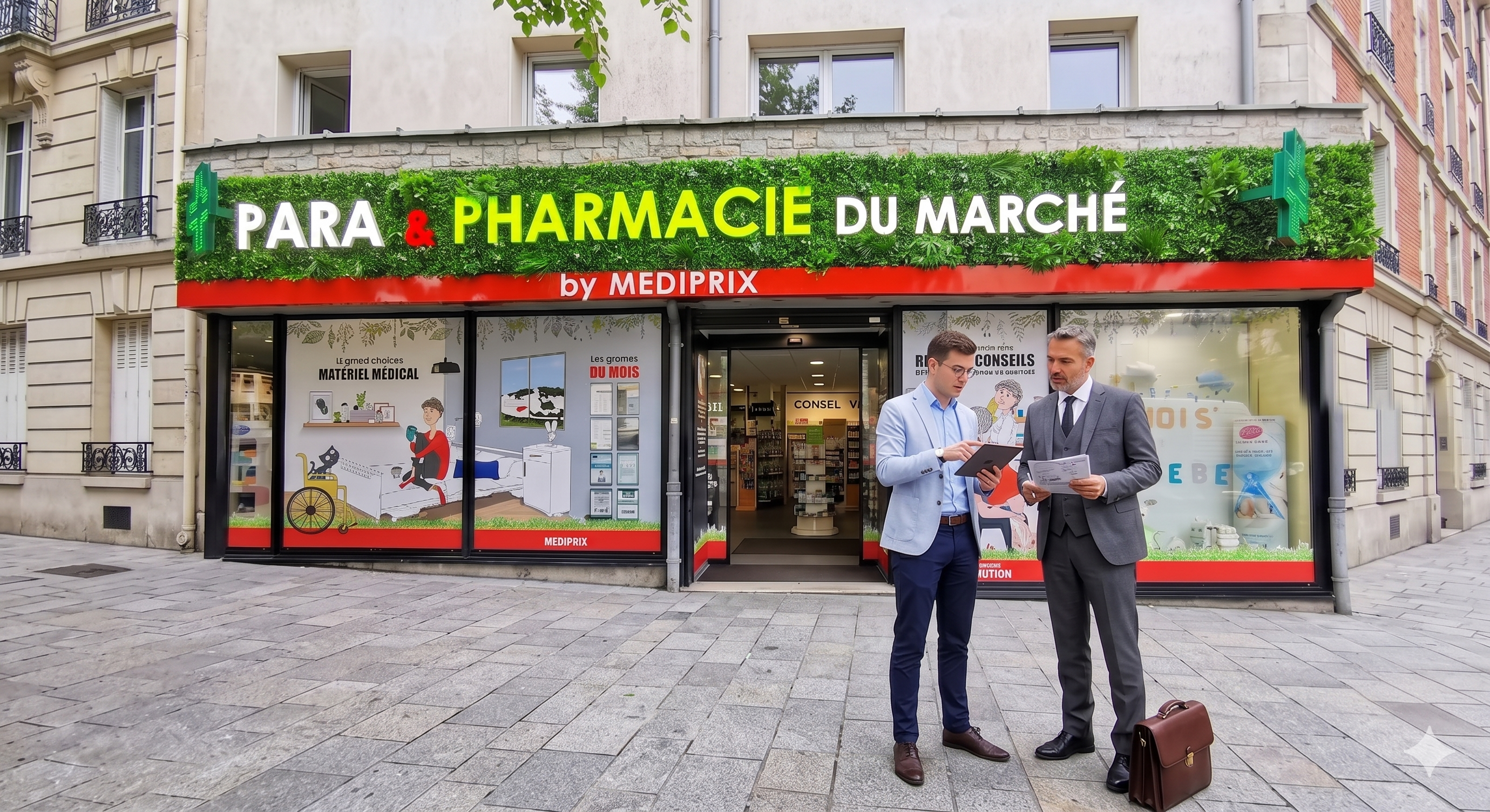 Jeune pharmacien échangeant avec un expert-comptable devant la façade d'une pharmacie Médiprix pour préparer son premier achat d'officine en 2026.