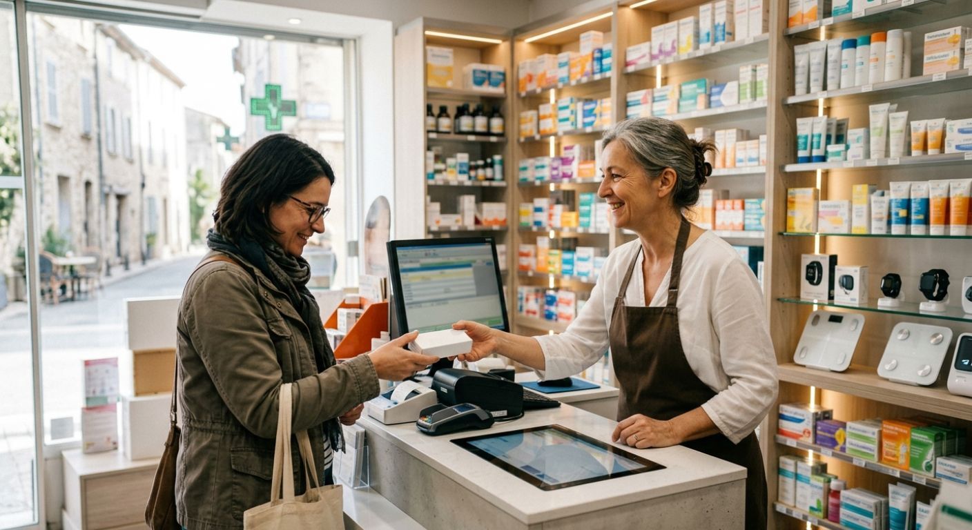Photo de style documentaire dans une pharmacie moderne. Une pharmacienne souriante remet une petite boîte blanche à une cliente par-dessus un comptoir blanc épuré. Une grande vitrine laisse entrer une lumière naturelle chaleureuse sur des étagères boisées et rétroéclairées remplies de soins.