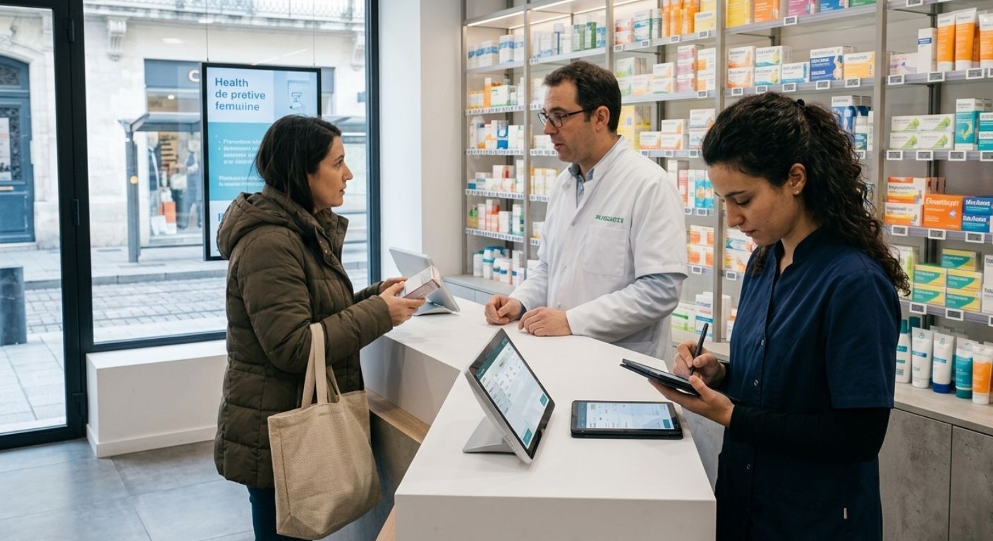 Scène d'intérieur d'une pharmacie moderne. Une cliente au comptoir épuré discute avec un pharmacien en blouse blanche. À côté d'eux, une préparatrice en blouse bleue utilise une tablette. Des étagères remplies de produits et une grande vitrine donnant sur la rue sont visibles en arrière-plan.