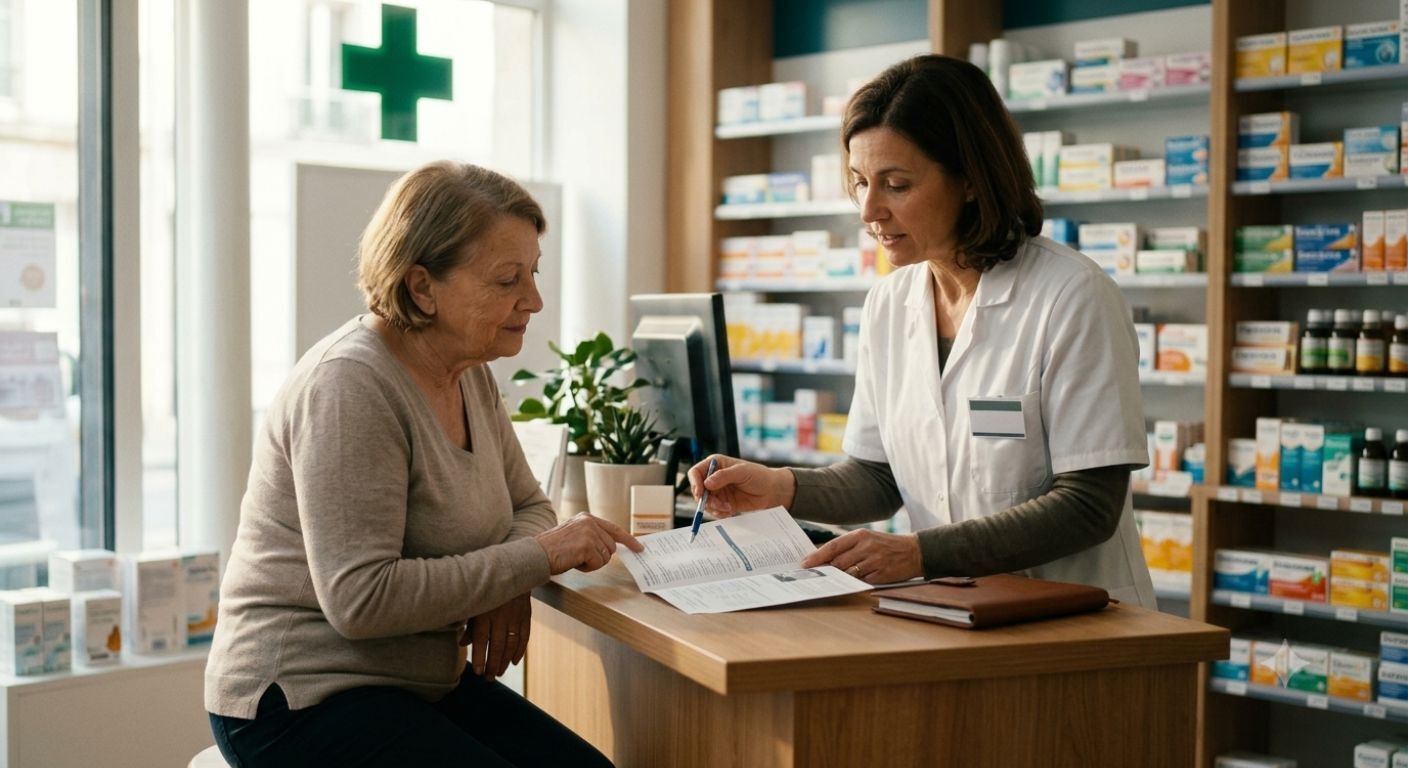 Une pharmacienne en blouse blanche, debout derrière un comptoir en bois, explique attentivement une notice ou une ordonnance à une patiente âgée assise en face d'elle. Elles sont dans une pharmacie bien éclairée, avec des étagères remplies de médicaments en arrière-plan. Une fenêtre à gauche laisse entrer la lumière du jour et révèle une croix de pharmacie verte à l'extérieur.